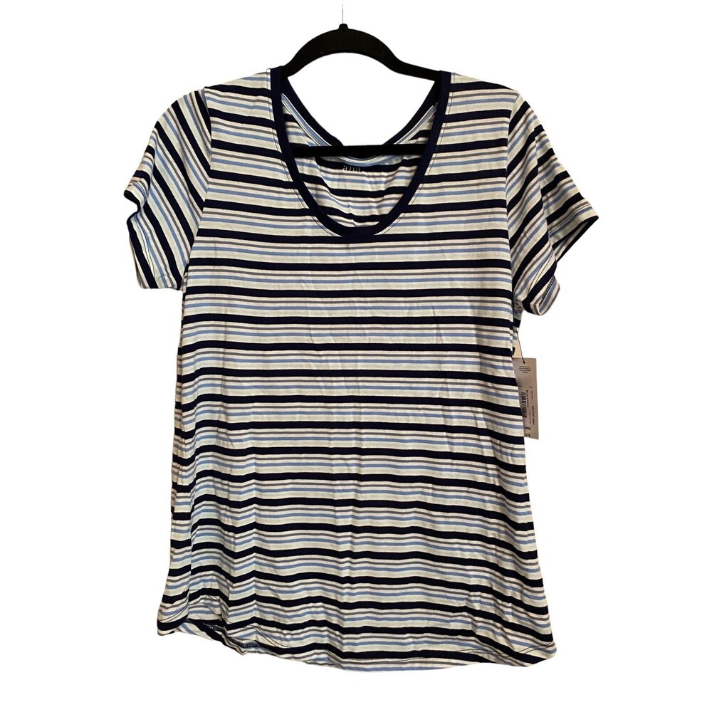 a.n.a Size L Blue Striped T Shirt NWT Double Scoop Neck Short Sleeve